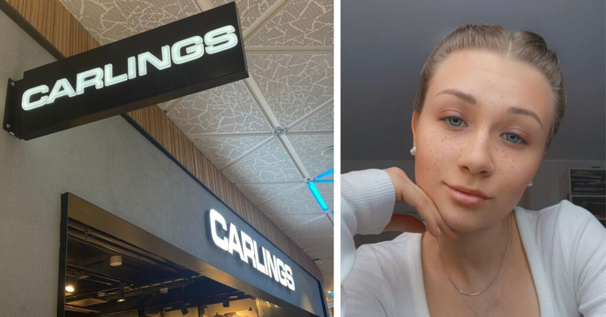 Bildkollage på Sofia Forsman och butiksskylt från Carlings