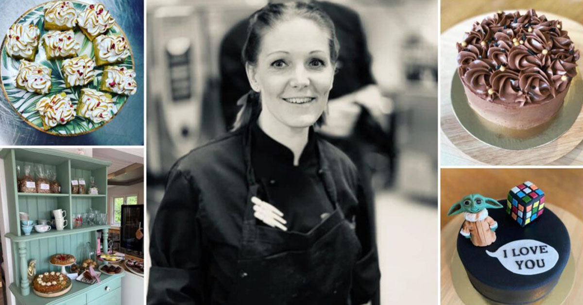 Bildkollage på Susanne Olsen och några av de bakverk hon skapat